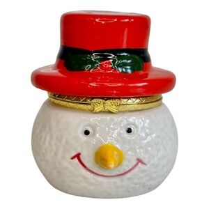 Snowman Trinket Box With Hinged Lid Red Top Hat Christmas Ceramic Jewelry Box